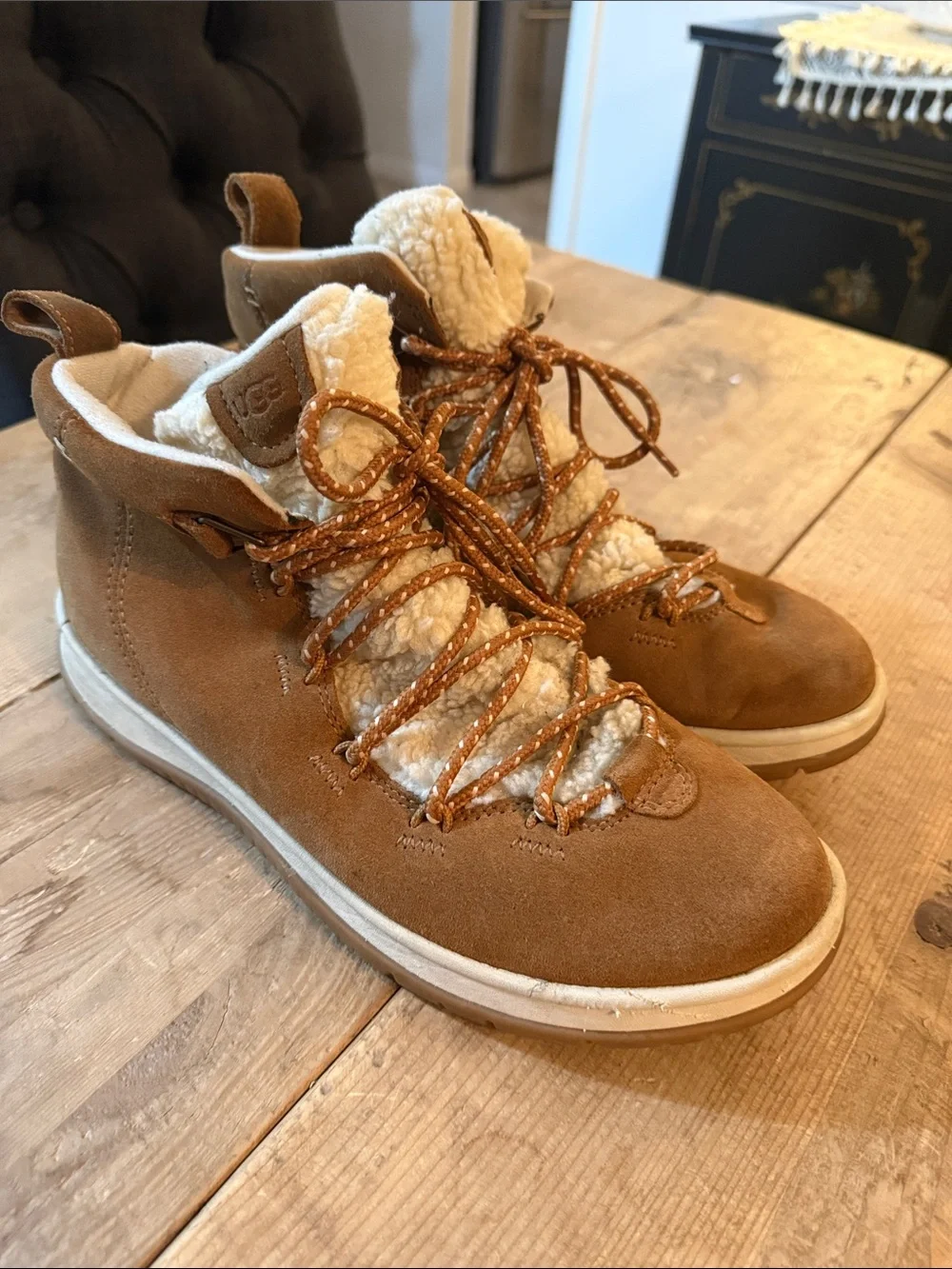 UGG Chestnut Suede Lace-Up Winter Boot with Shearling Trim